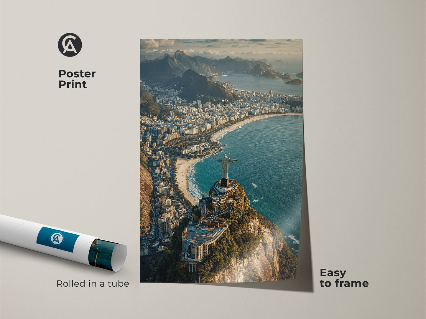 Poster print of Rio de Janeiro's Christ the Redeemer. The easy-to-frame travel photography captures an aerial cityscape. Rolled in a tube for protection this blue green teal coastal view is ideal. This iconic landmark art makes a thoughtful Brazil travel gift for contemporary home art lovers.
