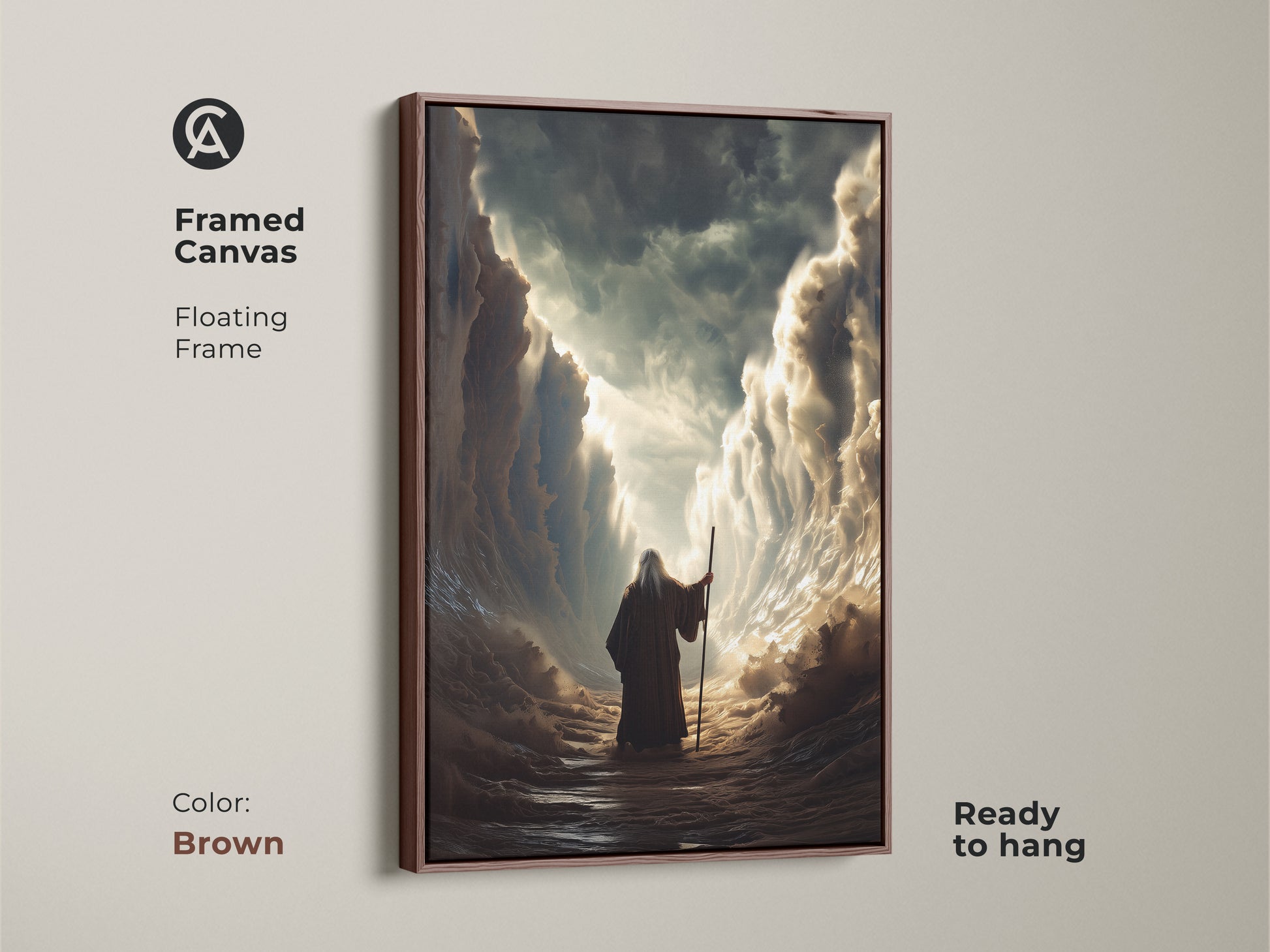 Enhance your home with this framed canvas art of Moses parting the Red Sea. The floating frame adds a touch of elegance. This ready-to-hang religious artwork in brown will inspire daily reflection and add a touch of history to any space.