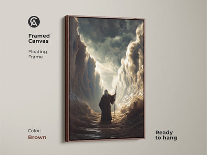 Enhance your home with this framed canvas art of Moses parting the Red Sea. The floating frame adds a touch of elegance. This ready-to-hang religious artwork in brown will inspire daily reflection and add a touch of history to any space.