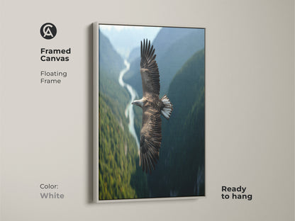 This framed canvas print displays an eagle in flight over a valley with a white floating frame. The wildlife photography artwork adds a clean rustic touch. The nature landscape wall art is perfect for bird watchers. Ready to hang this avian artwork enhances any home. A beautiful animal nature print.