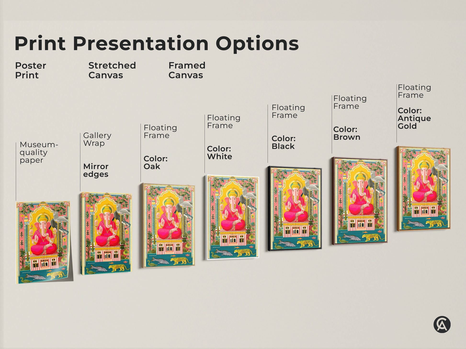Explore print presentation options featuring Ganesha artwork. Choose from poster stretched or framed canvas. Options include museum-quality paper gallery wrap and floating frames. Available in black brown antique gold or white to suit any decor.