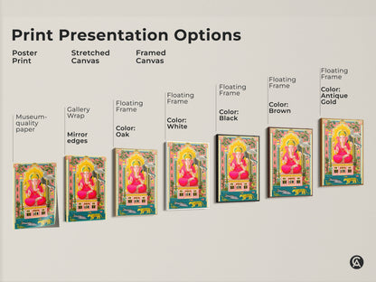Explore print presentation options featuring Ganesha artwork. Choose from poster stretched or framed canvas. Options include museum-quality paper gallery wrap and floating frames. Available in black brown antique gold or white to suit any decor.