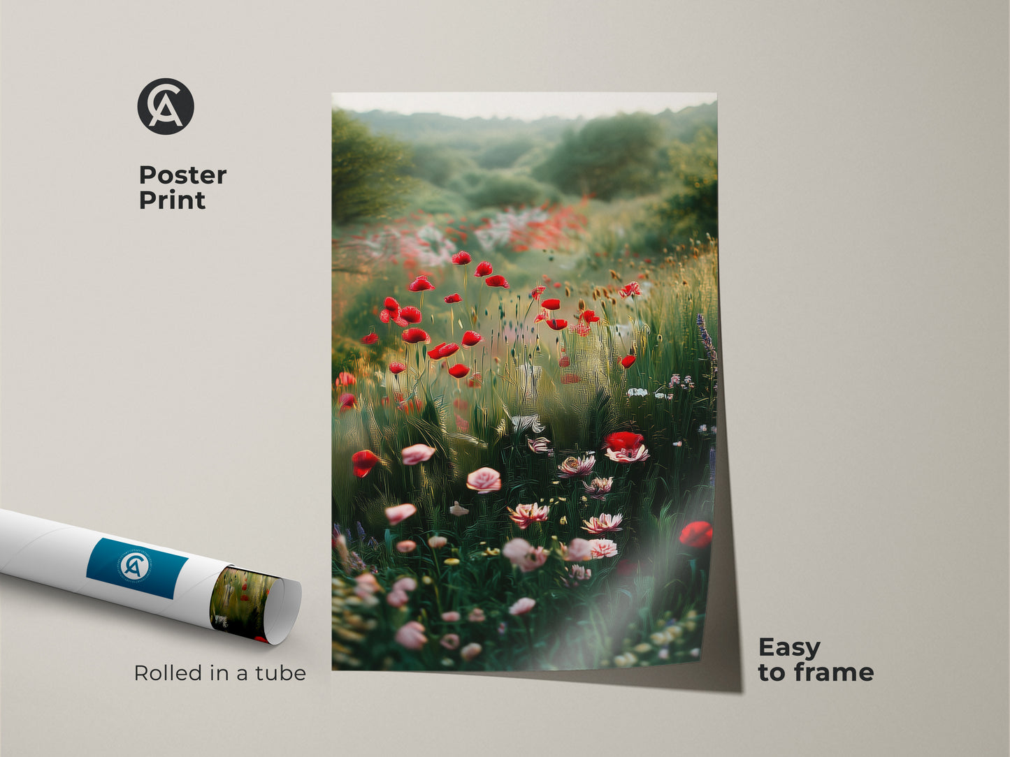 Poster print of a red wildflower wall art print. The impressionistic floral artwork is easy to frame. It captures a nature landscape painting of a vibrant poppy field. Boho home decor.