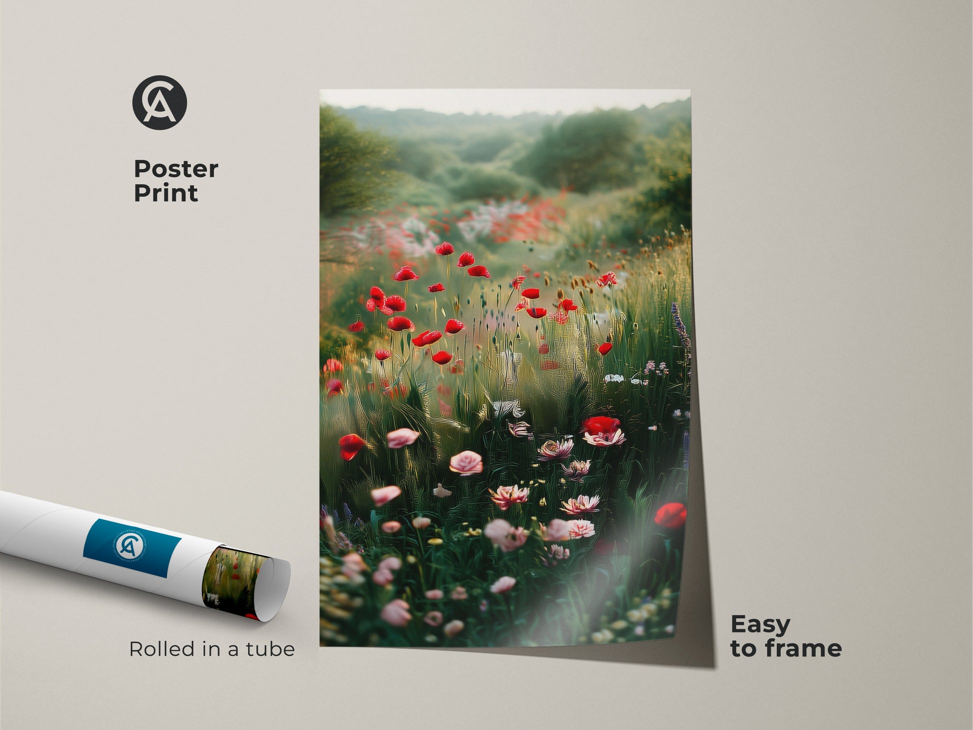 Poster print of a red wildflower wall art print. The impressionistic floral artwork is easy to frame. It captures a nature landscape painting of a vibrant poppy field. Boho home decor.