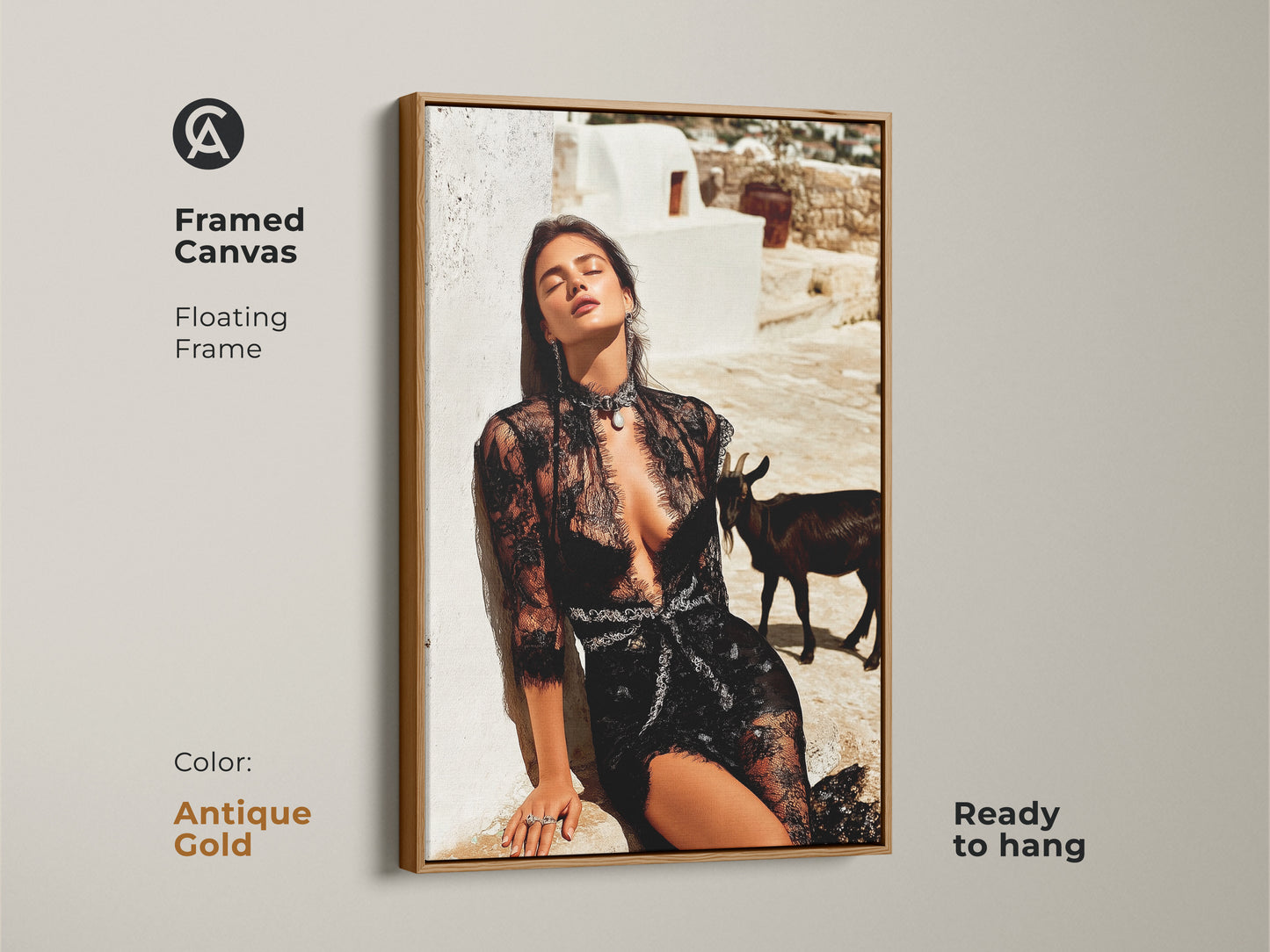 Framed canvas of a glamorous woman in black lace with an antique gold frame. This editorial photoshoot print shows a goat in an eclectic setting. The unique home gift is ready to hang. The black white beige art adds luxury to living rooms and bedrooms.