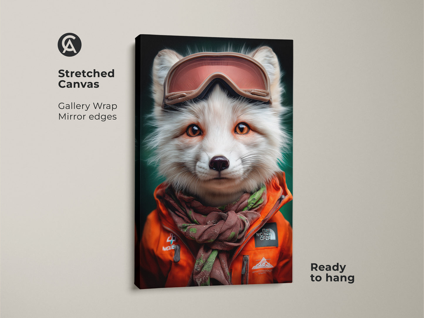 Stretched canvas artwork of a fox in ski goggles and an orange jacket. Gallery wrap with mirror edges and ready to hang. Features a winter wildlife print with an eclectic style. The cute fox portrait is perfect for animal enthusiasts. Add a touch of alpine adventure to your walls.