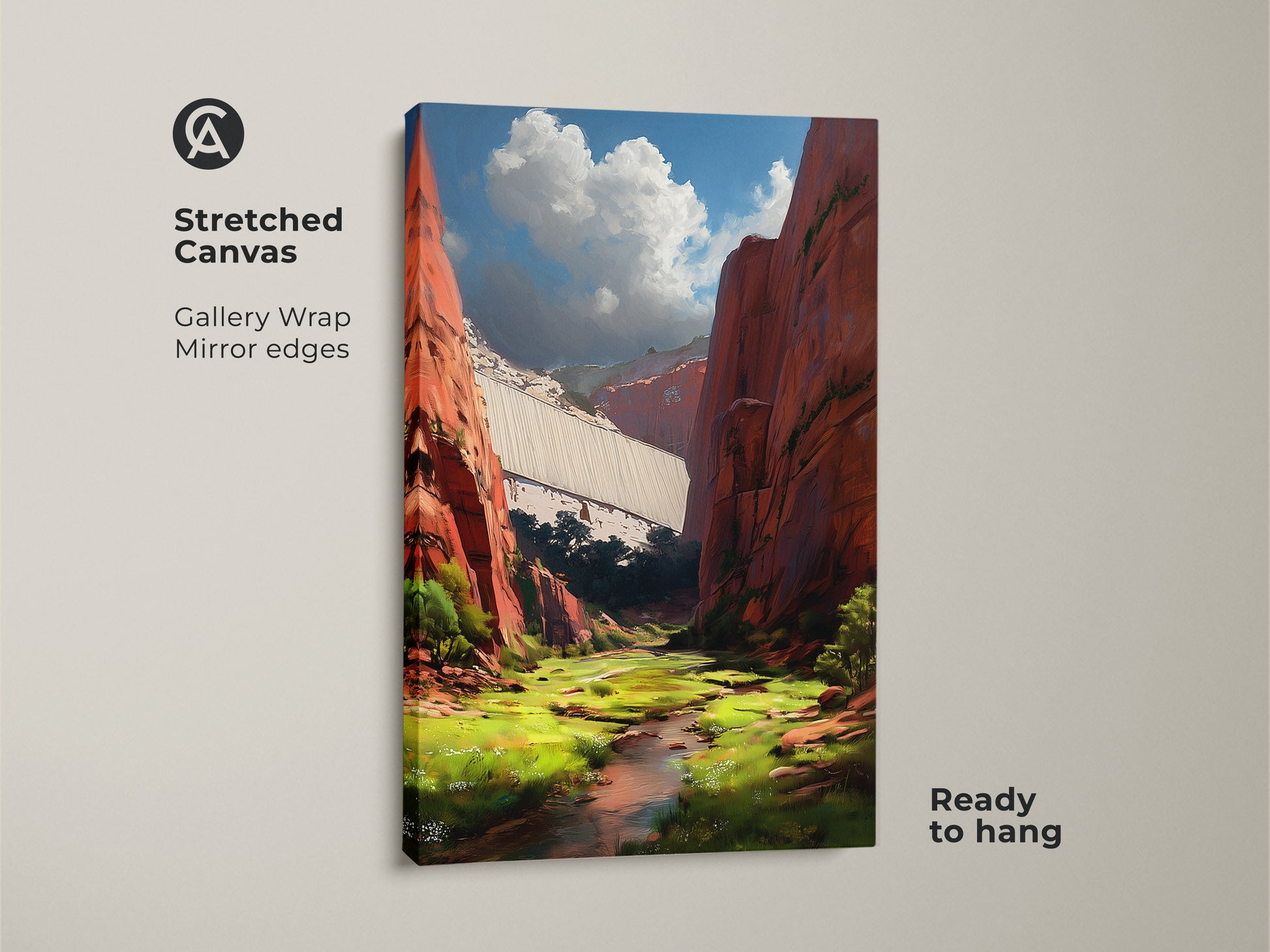 This stretched canvas presents a red canyon dam landscape. The gallery wrap with mirrored edges enhances the nature artwork. It's a contemporary piece ready to hang. Ideal for adding a scenic view to any home decor.