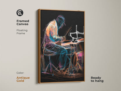 Antique gold framed canvas with abstract drummer artwork. The floating frame highlights the line art musician print. This ready to hang canvas features an eclectic drum set in orange blue and teal. A colorful piece for music themed wall art.