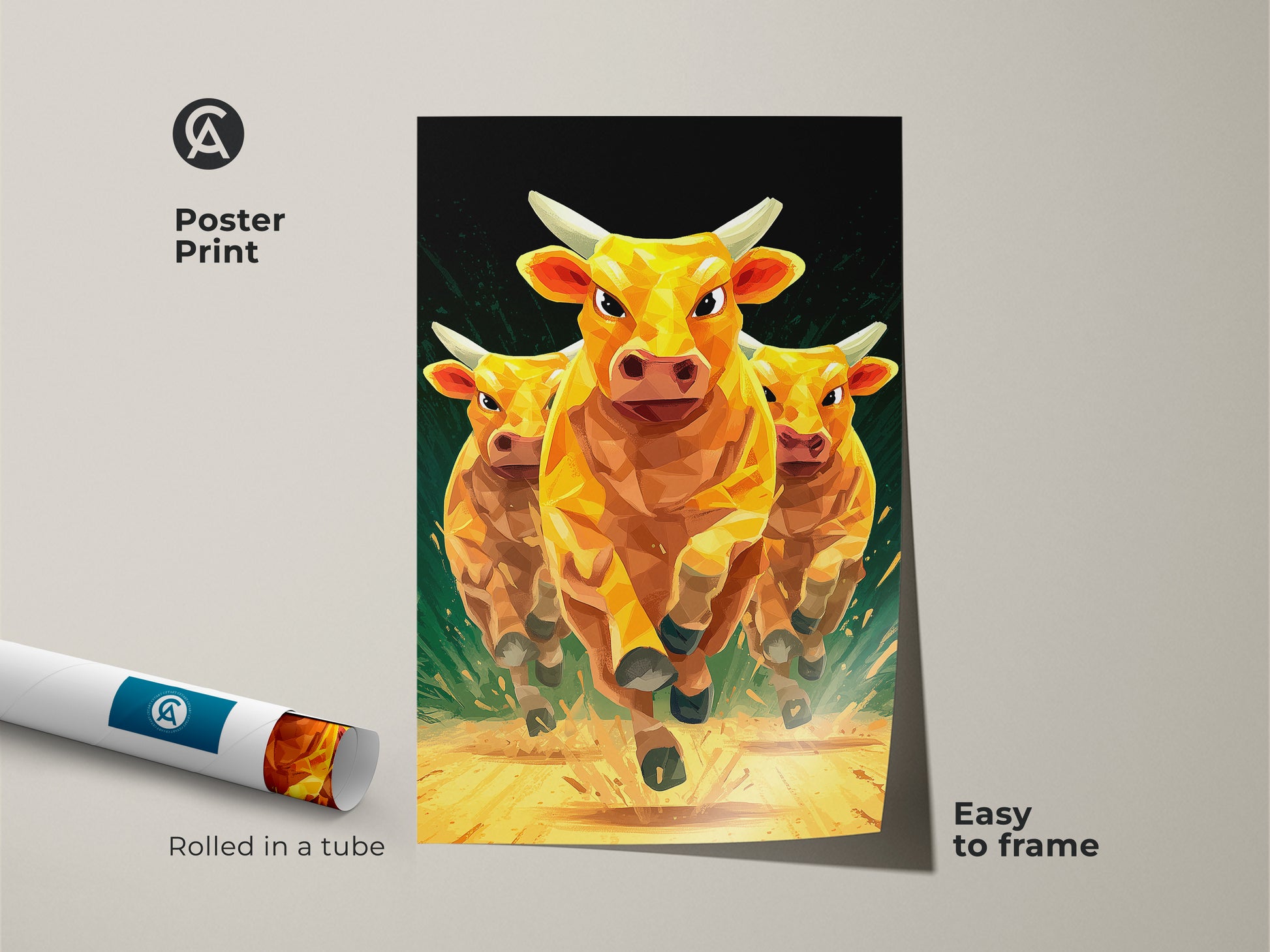 A poster print featuring three golden cows running in geometric low polygon style. This animal art poster is easy to frame. It makes a stylish addition to any room. The modern animal artwork print is rolled in a protective tube. Enhance your space with this dynamic art print.