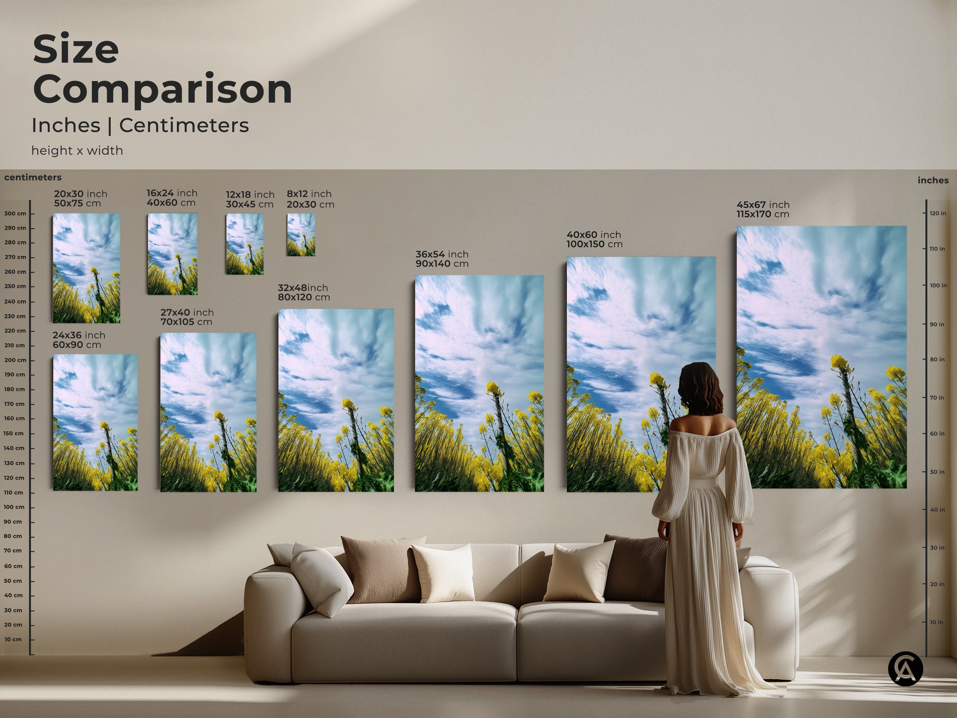 Size comparison of the yellow canola field artwork in inches and centimeters. Artwork is displayed in various sizes above a sofa to showcase scale. This impressionistic nature art is perfect for residential wall art. Find the ideal size to complement your living space and bring the beauty of a blooming canola field into your home.