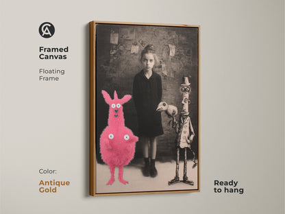 Framed canvas showcasing a surreal girl with a pink creature and birdman. The floating frame is antique gold and ready to hang. This dark academia art is great gothic fantasy artwork. A unique gift for art fans and Halloween enthusiasts.