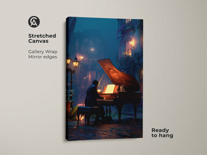 Explore the cinematic rainy night piano canvas art. This stretched canvas features a pianist on a wet city street. It's ready to hang with gallery-wrapped edges. The moody urban wall art brings a unique narrative to any room. Ideal for eclectic home decor.