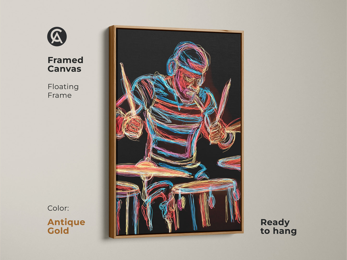 Antique Gold Framed Canvas displaying Neon Drummer Art. This abstract line artwork will enhance the beauty of any wall. Ready to hang it offers a music themed gift for drummers. The floating frame and music art vibe matches well.