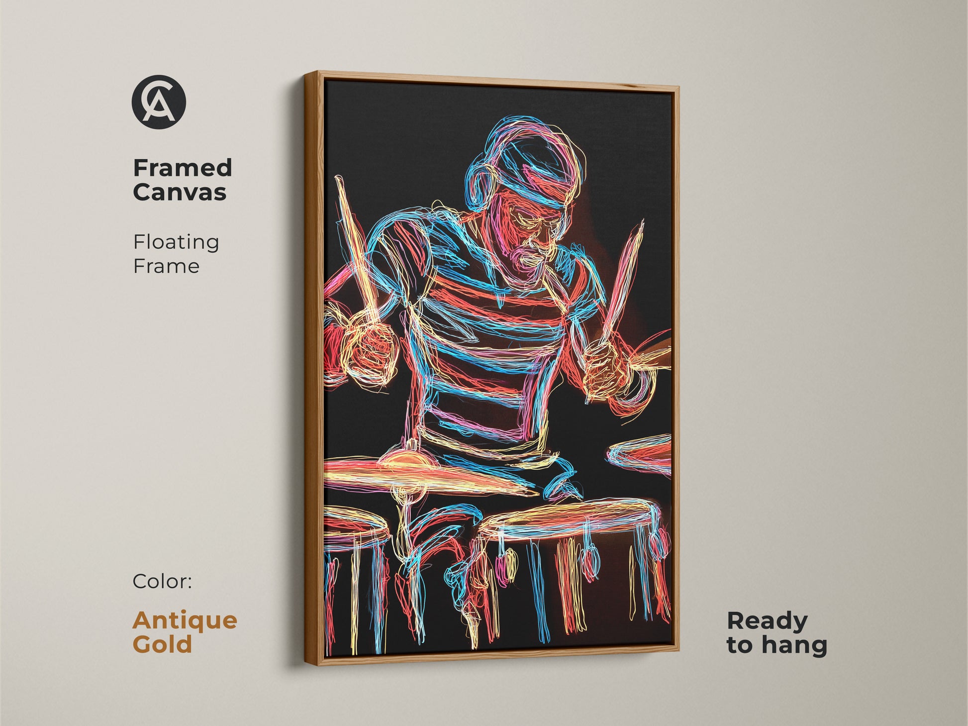 Antique Gold Framed Canvas displaying Neon Drummer Art. This abstract line artwork will enhance the beauty of any wall. Ready to hang it offers a music themed gift for drummers. The floating frame and music art vibe matches well.
