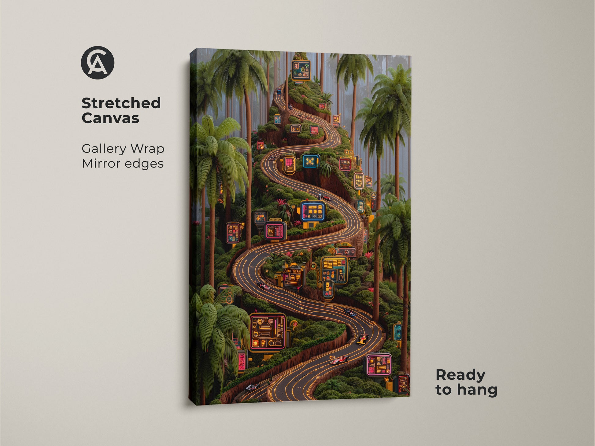 Stretched canvas print showcases neon road art winding through a tropical palm setting. This gallery-wrapped cyberpunk racing artwork is ready to hang. The piece blends fantasy and tech for any space. A unique gift for F1 fans enhancing a game room or man cave with its striking neon colors and dynamic style.