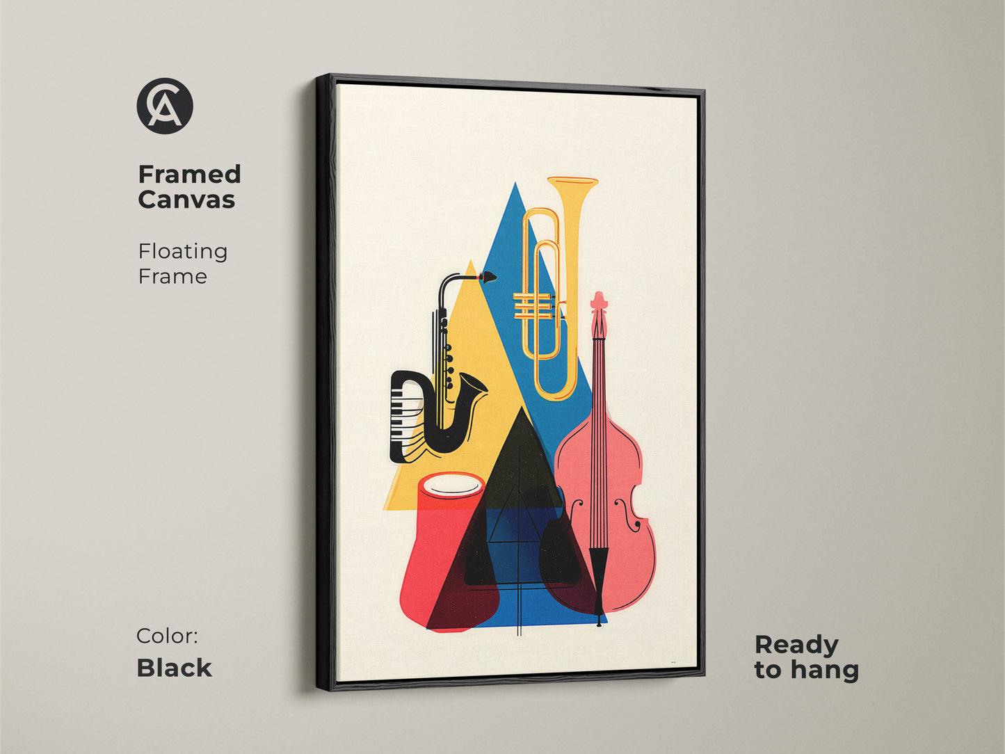 Framed canvas of retro jazz music art with a floating black frame. The artwork features a mid-century modern style. It includes geometric shapes in yellow blue and red. Ready to hang this saxophone canvas art enhances any room. This double bass art print is ideal for music lovers seeking sophisticated wall decor.