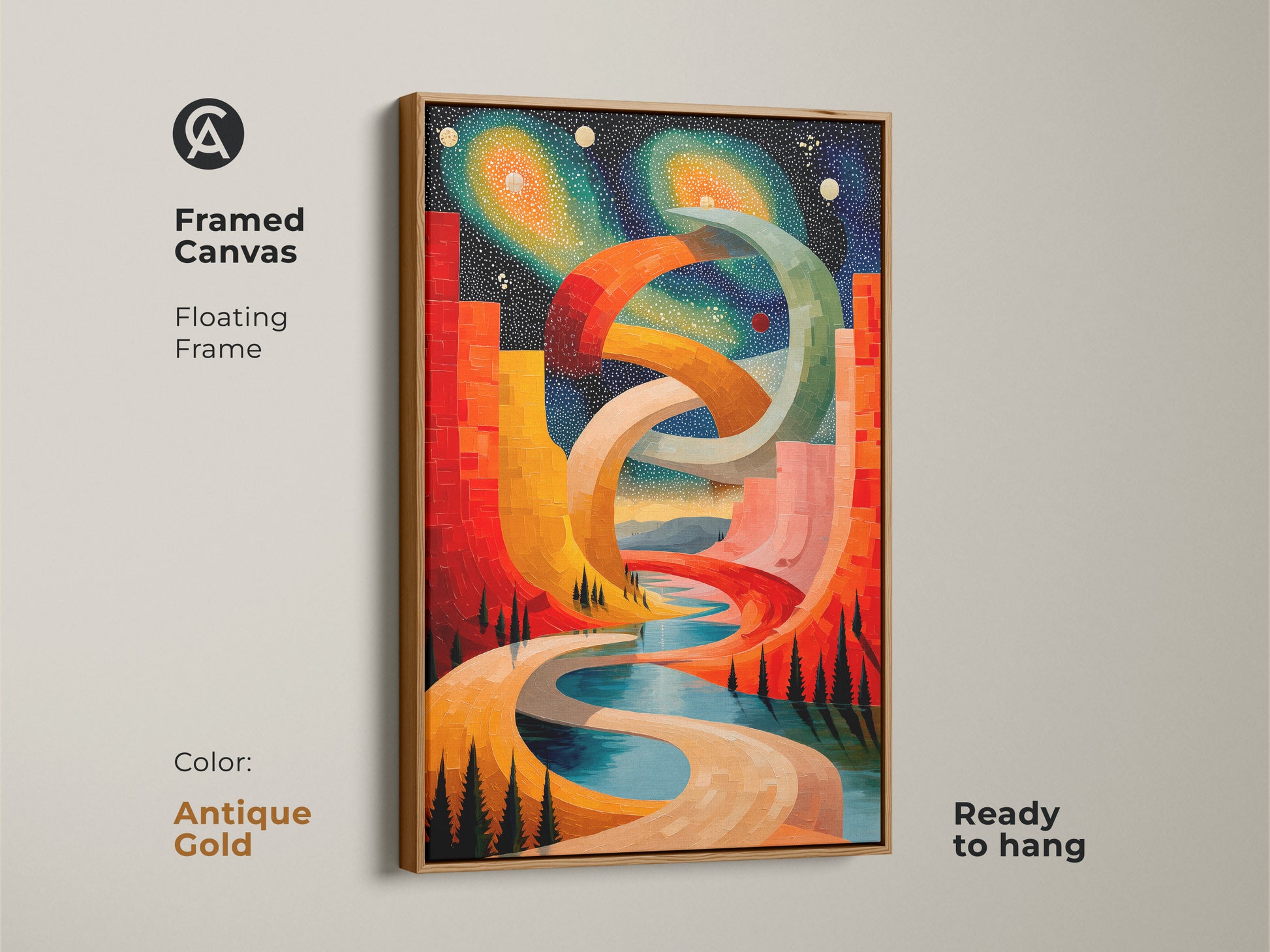 Framed canvas presents an abstract cosmic cityscape. White floating frame enhances the artwork. The surreal geometric wall art features red orange and blue colors. This piece offers a touch of wonder. Ready to hang and enjoy.