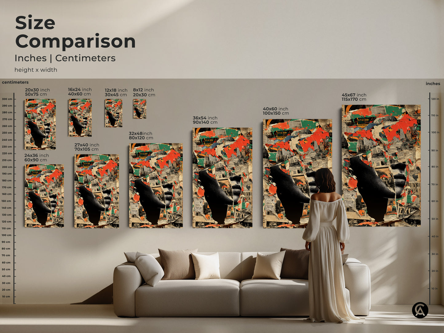 Size Comparison of Abstract Collage Art. Inches and Centimeters. This urban deconstructivist cityscape artwork features red black and green tones. Various sizes are available. Find the perfect size for your space.