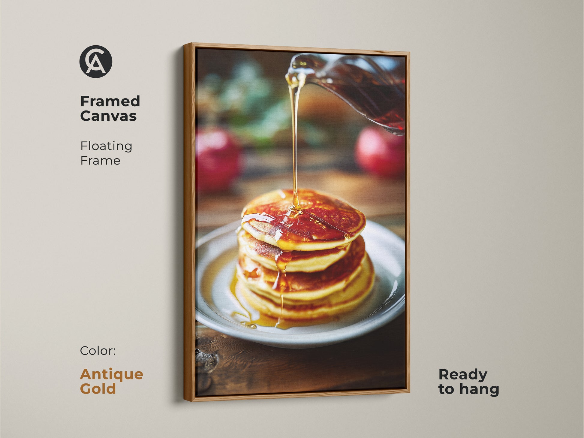Framed canvas art of pancakes with golden syrup. The floating frame in antique gold adds elegance to the food photography. It's ready to hang and perfect for kitchen decor. The amber and yellow tones create a cozy atmosphere. Ideal for gifting.