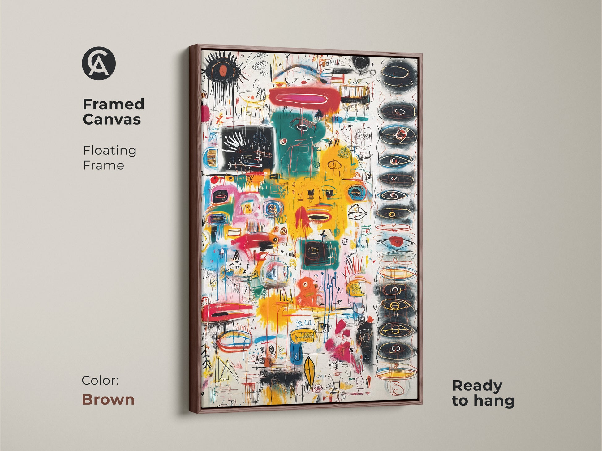 Transform your living space with this framed abstract canvas art. This piece has a floating frame in brown. The artwork has vibrant colors and unique shapes. Ready to hang this canvas will instantly elevate your home.