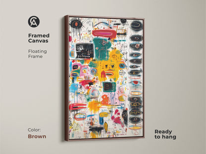 Transform your living space with this framed abstract canvas art. This piece has a floating frame in brown. The artwork has vibrant colors and unique shapes. Ready to hang this canvas will instantly elevate your home.
