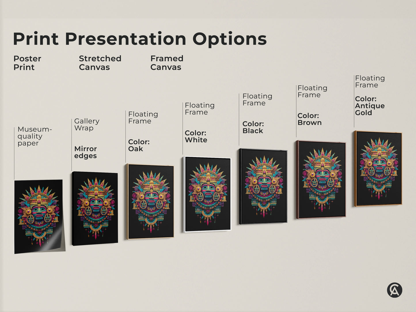 Print presentation options for Mayan mask artwork. Choose from poster prints stretched canvas and framed canvas. Available with various frame colors. Find the perfect museum-quality paper or gallery wrap for your home.