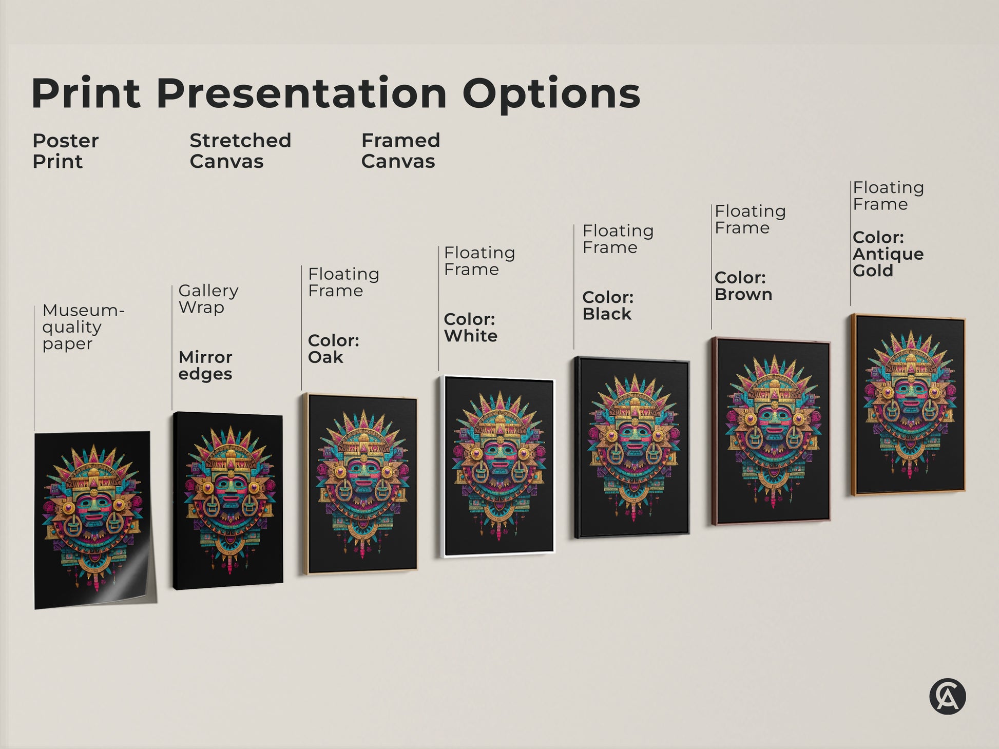 Print presentation options for Mayan mask artwork. Choose from poster prints stretched canvas and framed canvas. Available with various frame colors. Find the perfect museum-quality paper or gallery wrap for your home.