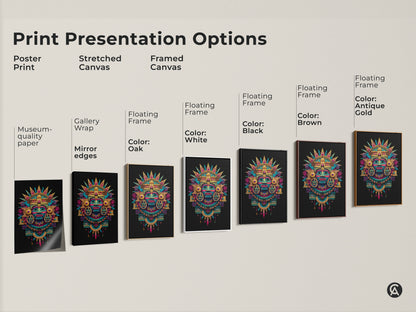 Print presentation options for Mayan mask artwork. Choose from poster prints stretched canvas and framed canvas. Available with various frame colors. Find the perfect museum-quality paper or gallery wrap for your home.
