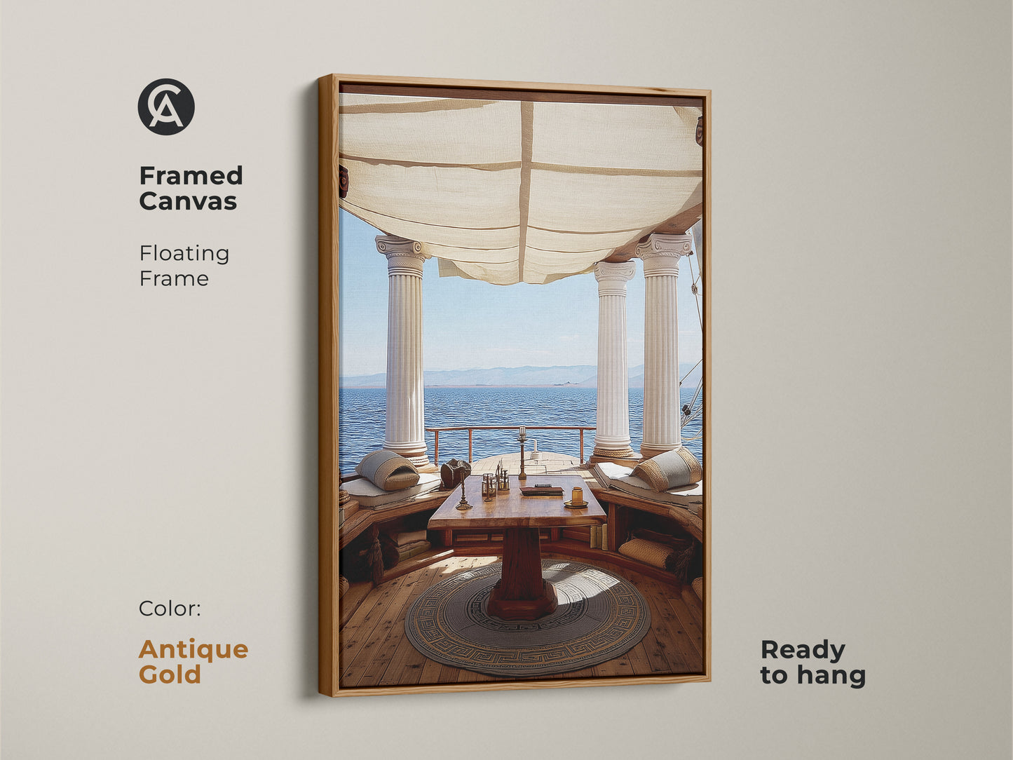 Framed Canvas floating frame in Antique Gold showcasing Classical Columns Art. Mediterranean Ocean View Wall Art for Study Room. Tan and Blue Art Decor is ready to hang. Coastal Living.