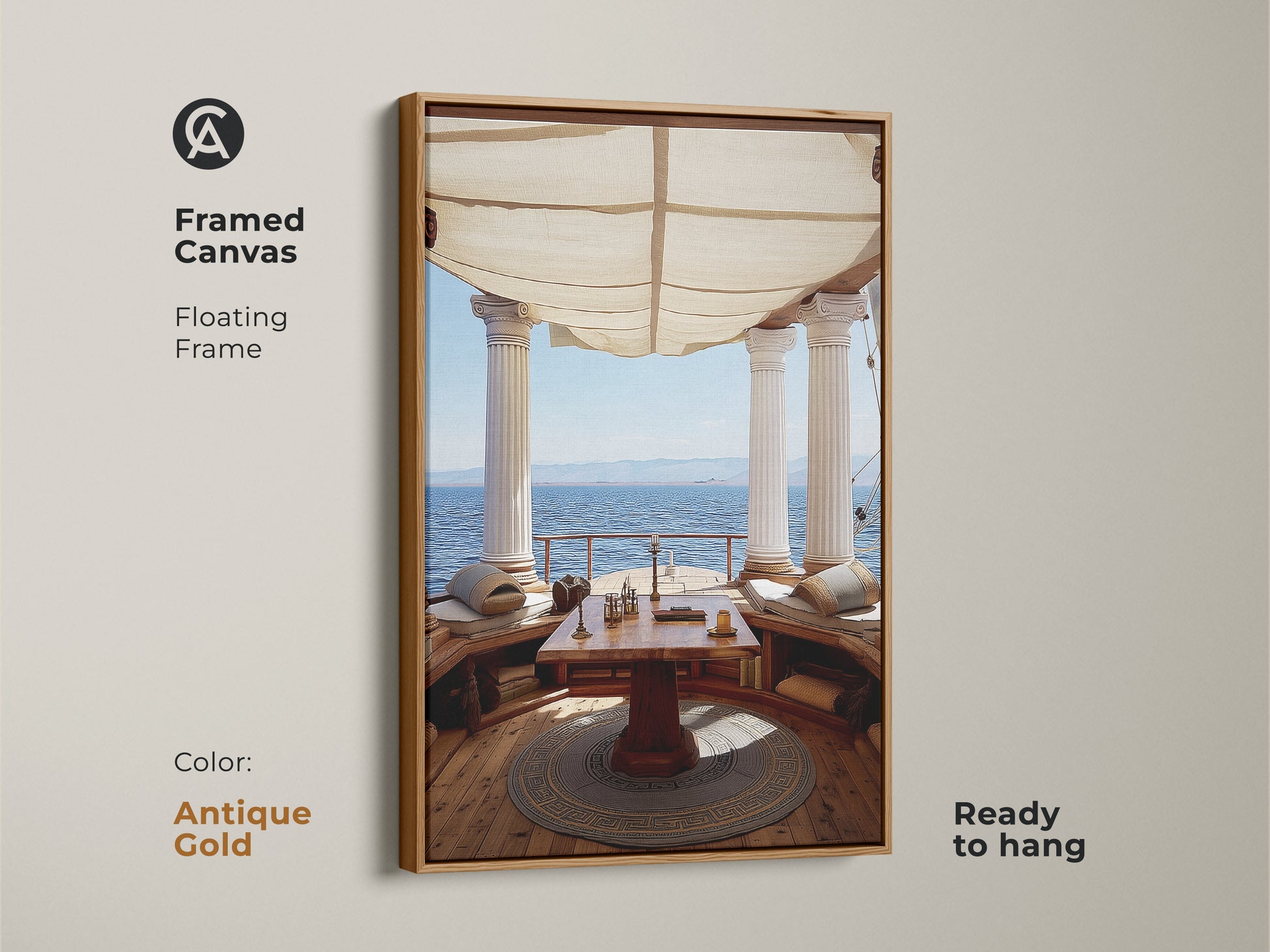 Framed Canvas floating frame in Antique Gold showcasing Classical Columns Art. Mediterranean Ocean View Wall Art for Study Room. Tan and Blue Art Decor is ready to hang. Coastal Living.
