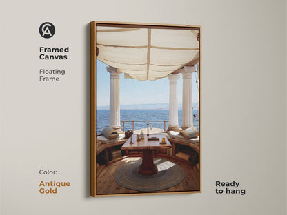 Framed Canvas floating frame in Antique Gold showcasing Classical Columns Art. Mediterranean Ocean View Wall Art for Study Room. Tan and Blue Art Decor is ready to hang. Coastal Living.