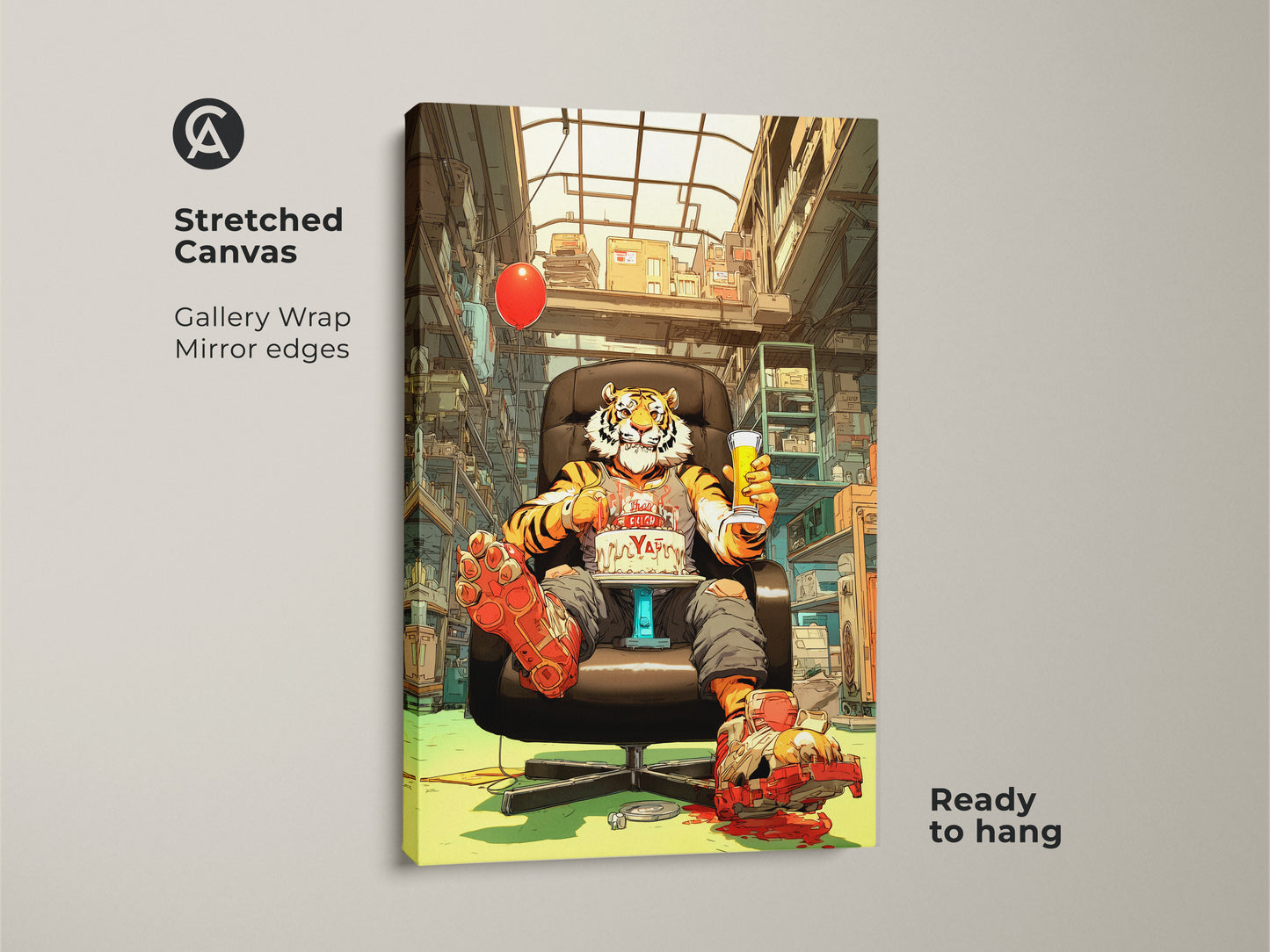 Stretched canvas gallery wrap featuring a surreal pop art tiger. This office wall artwork adds an eclectic touch with its vibrant orange red yellow palette. Ready to hang this piece is a perfect birthday gift for him or a unique animal print for any space