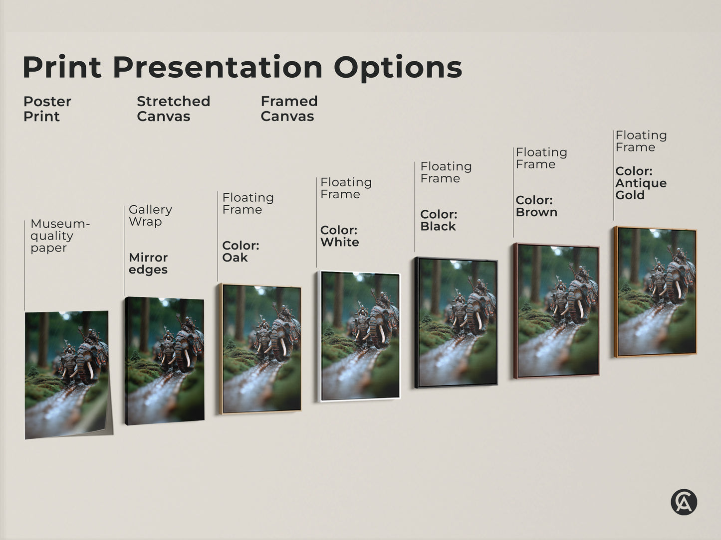 Print presentation options for elephant warrior artwork. Featuring poster prints stretched canvas and framed canvas in various colors like oak white black brown and antique gold. Find the perfect style for this epic fantasy battle scene art.