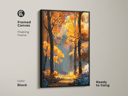 Framed canvas with a floating frame in black. It features a beautiful autumn forest artwork. The framed art is ready to hang. It will create a focal point in your home or office.