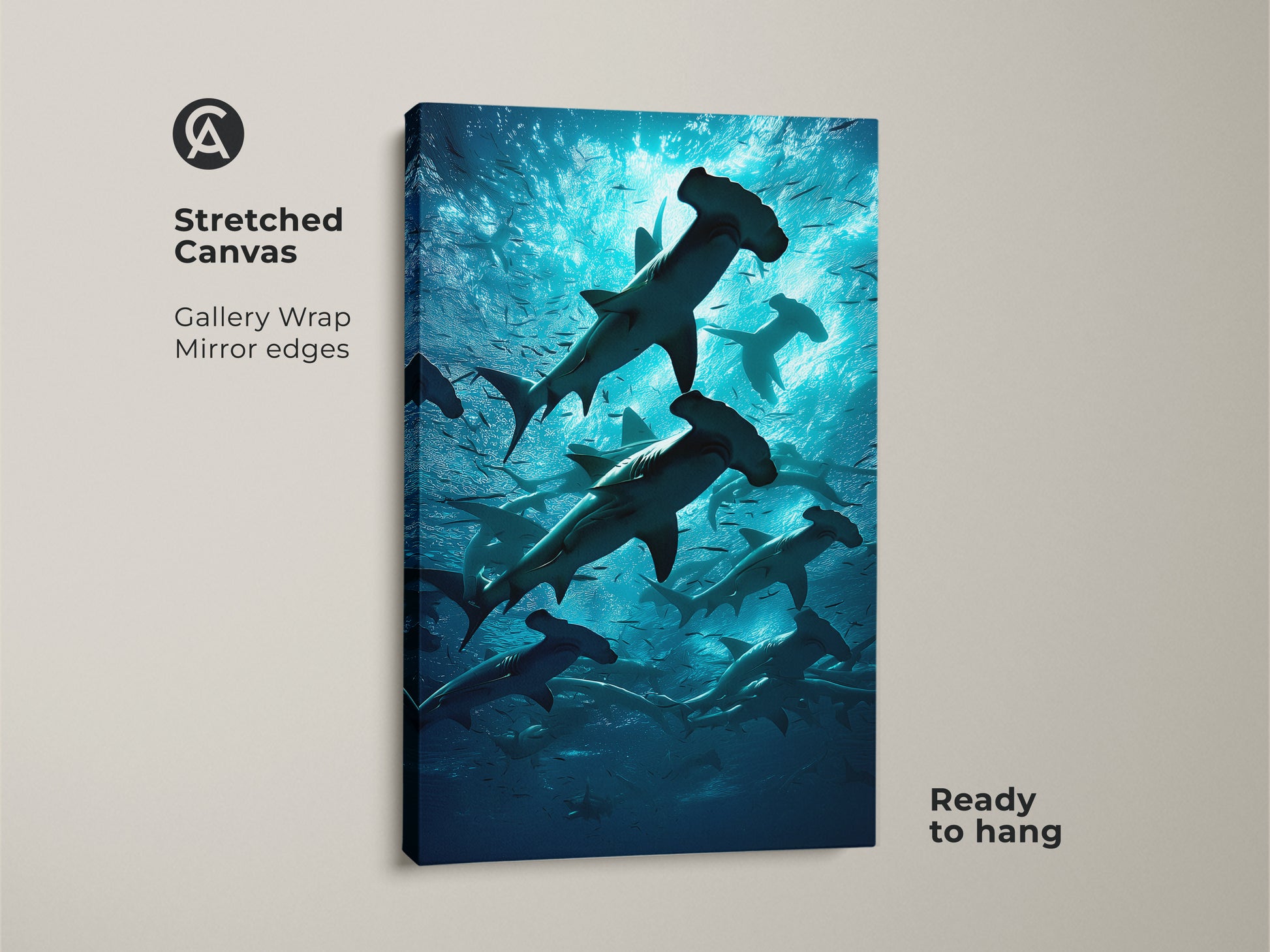 Stretched canvas art shows hammerhead sharks swimming underwater. Gallery wrapped with mirror edges this marine life artwork is ready to hang. Stuning aqua teal deep blue wildlife nature print.