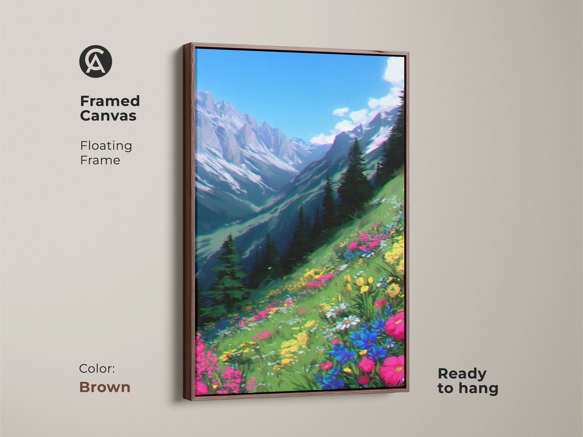 A framed canvas showcases a nature-inspired mountain landscape in anime style. A brown floating frame complements this wildflower artwork. Perfect for adding boho charm to a bedroom. A great gift for nature lovers ready to hang.
