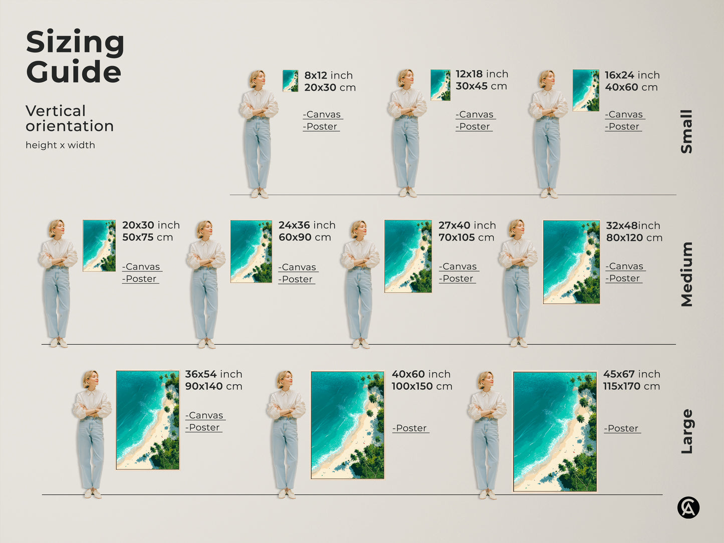 Sizing guide for tropical beach canvas and poster prints. Visualize the artwork in various vertical sizes. Transform your space with stunning beach art. Select the ideal dimensions to create a captivating coastal display.