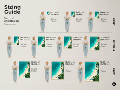 Sizing guide for tropical beach canvas and poster prints. Visualize the artwork in various vertical sizes. Transform your space with stunning beach art. Select the ideal dimensions to create a captivating coastal display.