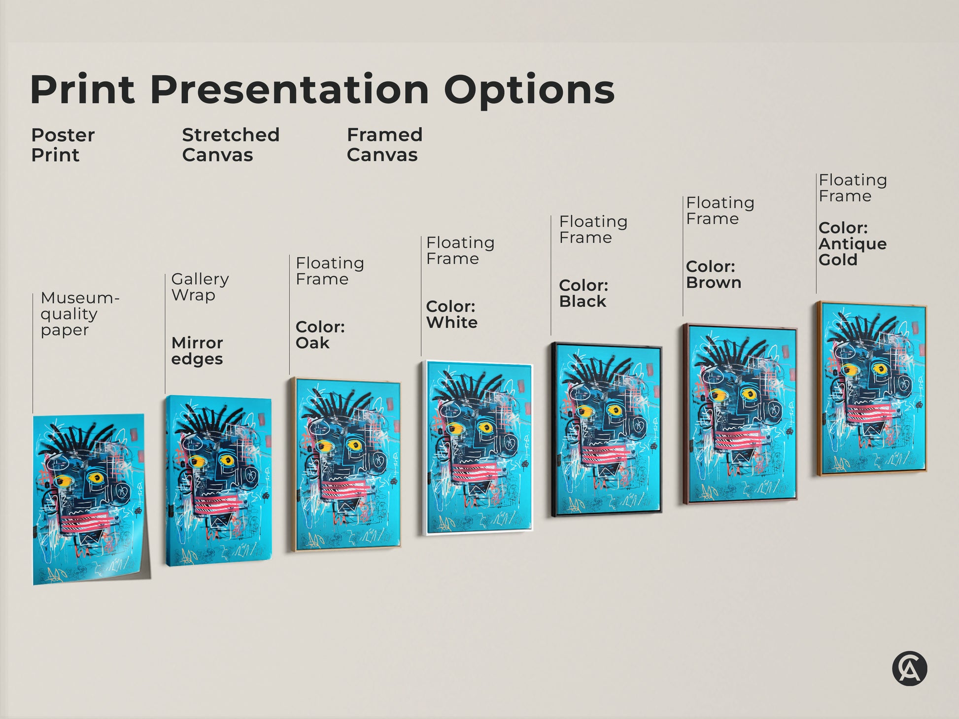Explore print options for abstract face art. Choose from poster prints stretched canvas and framed canvas. Discover museum-quality paper gallery wraps and floating frames. Color options include black brown oak white and antique gold. Each piece brings eclectic neo-expressionism style.