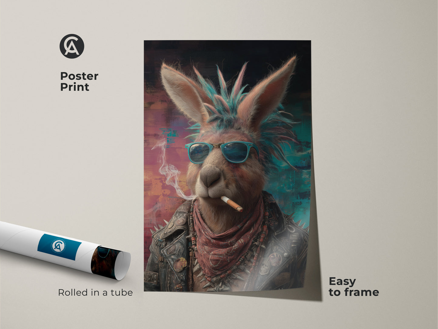 This is a poster print of a Punk Kangaroo art piece. It is rolled in a tube and easy to frame. This cool animal portrait is shown wearing a leather jacket and sunglasses. It would make edgy animal poster for unique home decor. The teal and pink abstract art gives it an alternative music decor vibe. Perfect for a garage wall art print or bar area artwork.