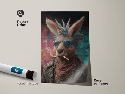 This is a poster print of a Punk Kangaroo art piece. It is rolled in a tube and easy to frame. This cool animal portrait is shown wearing a leather jacket and sunglasses. It would make edgy animal poster for unique home decor. The teal and pink abstract art gives it an alternative music decor vibe. Perfect for a garage wall art print or bar area artwork.