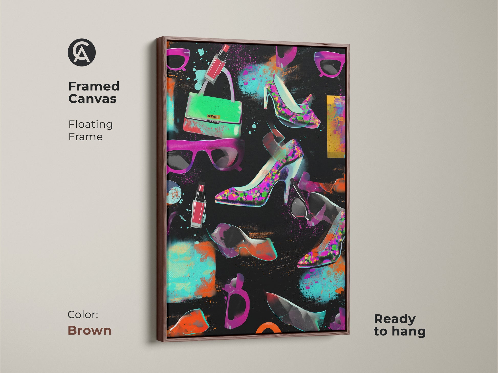 Framed canvas pop art print with graffiti high heels and handbag. The brown floating frame enhances the artwork. Ready to hang for instant glam room decor. This eclectic fashion artwork features magenta orange and teal. A stylish birthday gift for accessory lovers.