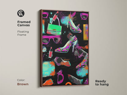Framed canvas pop art print with graffiti high heels and handbag. The brown floating frame enhances the artwork. Ready to hang for instant glam room decor. This eclectic fashion artwork features magenta orange and teal. A stylish birthday gift for accessory lovers.