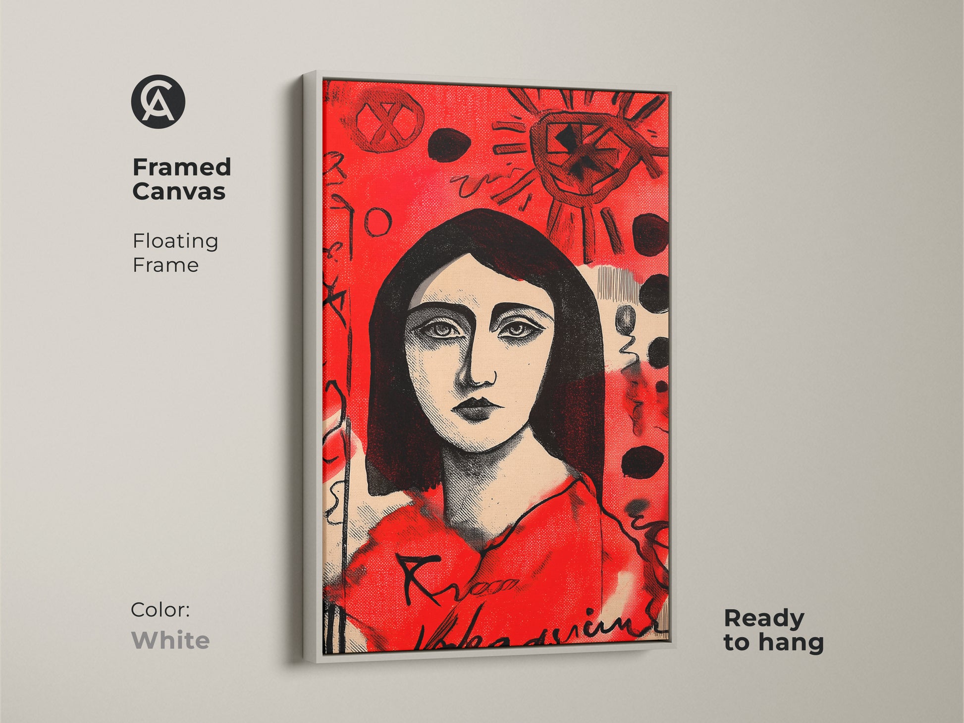Framed canvas art featuring a woman's portrait. The red background and symbolic art elements create a striking piece. The floating frame is white and ready to hang. This artwork will transform your living space.