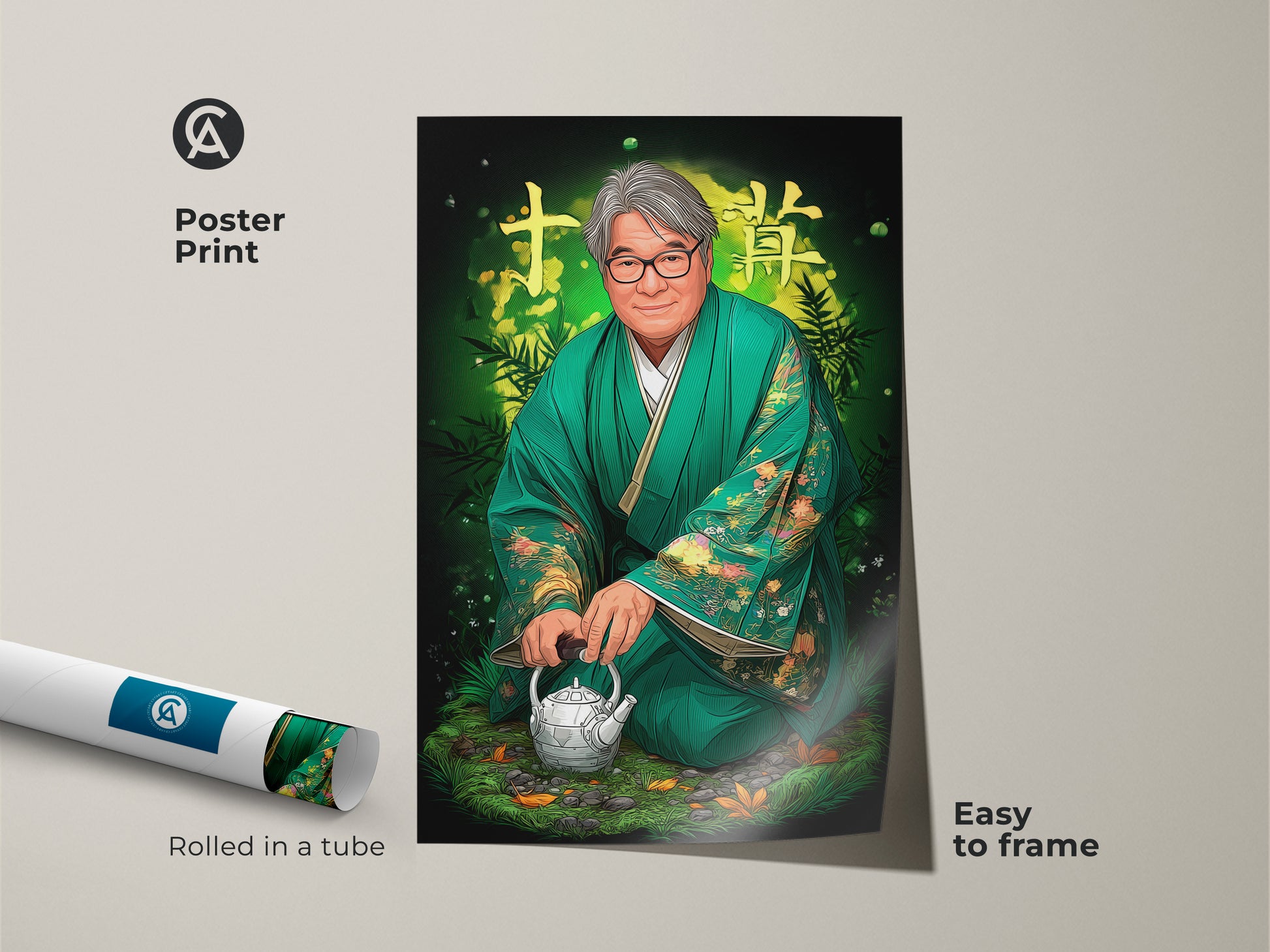 Poster print of a Japanese man in traditional kimono. This zen teapot canvas print is rolled in a tube and easy to frame. Displaying cultural Asian art print this eclectic home decor art piece offers mindfulness zen gift ideas. It makes a study office wall hanging.