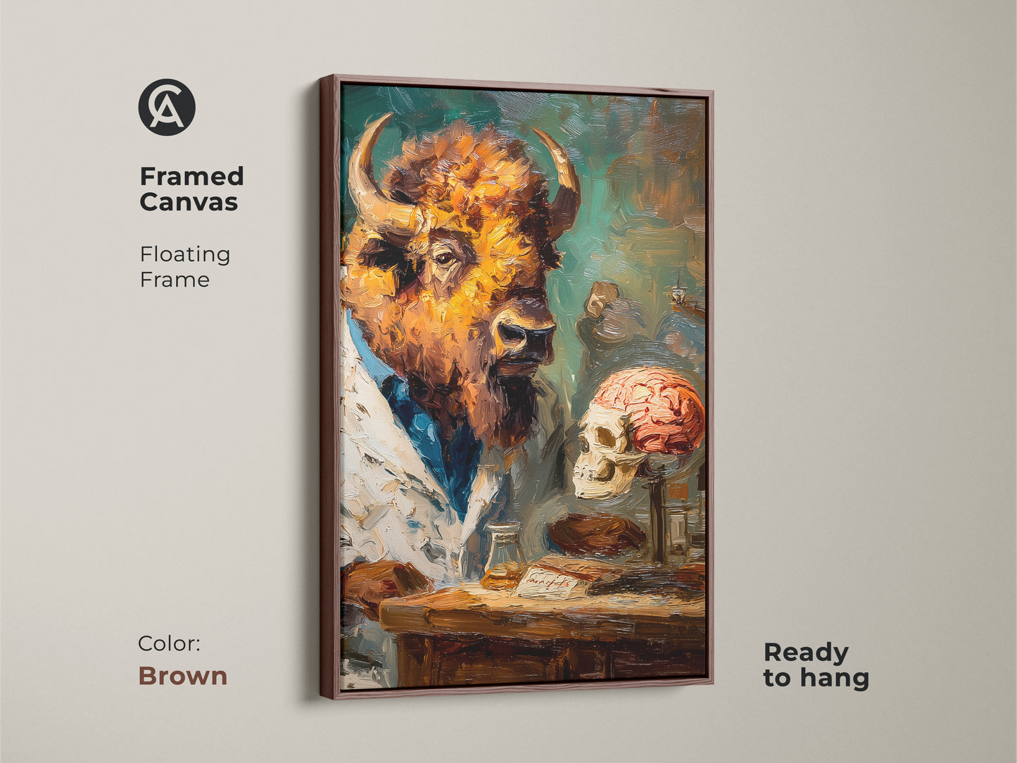 A captivating artwork shows a bison head scientist wearing a lab coat. The animal is placed next to a human skull with a brain. It is an oil painting style framed canvas in Brown. The artwork has a floating frame and is ready to hang.