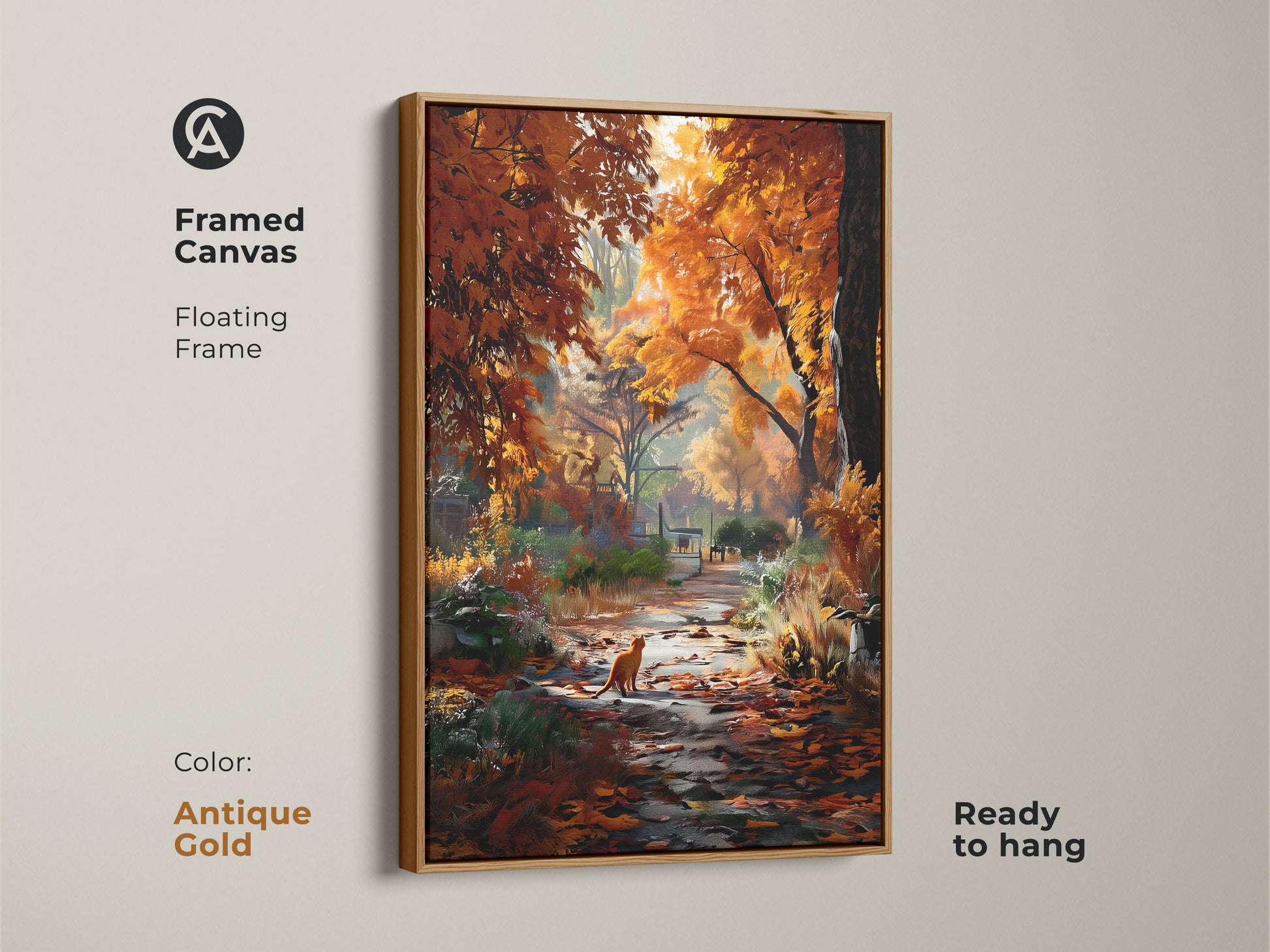 Bring the beauty of fall indoors with this framed canvas. The artwork features an antique gold floating frame. A ginger cat is seen enjoying an autumn forest path. Ready to hang and transform your space