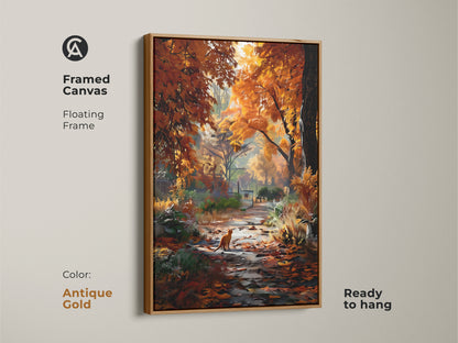 Bring the beauty of fall indoors with this framed canvas. The artwork features an antique gold floating frame. A ginger cat is seen enjoying an autumn forest path. Ready to hang and transform your space