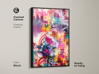 Framed canvas of an abstract painting with a sleek black floating frame. The colorful artwork features vibrant pink yellow teal and white colors. Ready to hang canvas art adds a modern touch to your living space or office.