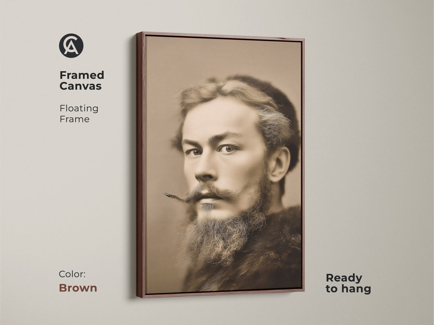 Framed canvas of a vintage man portrait with a floating brown frame. This sepia artwork adds a traditional feel to any room. It is ready to hang and enjoy.